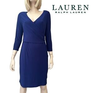 Ralph Lauren Dress Surplice Jersey Ruching ¾ Sleeve Cross Over Plunge Neck